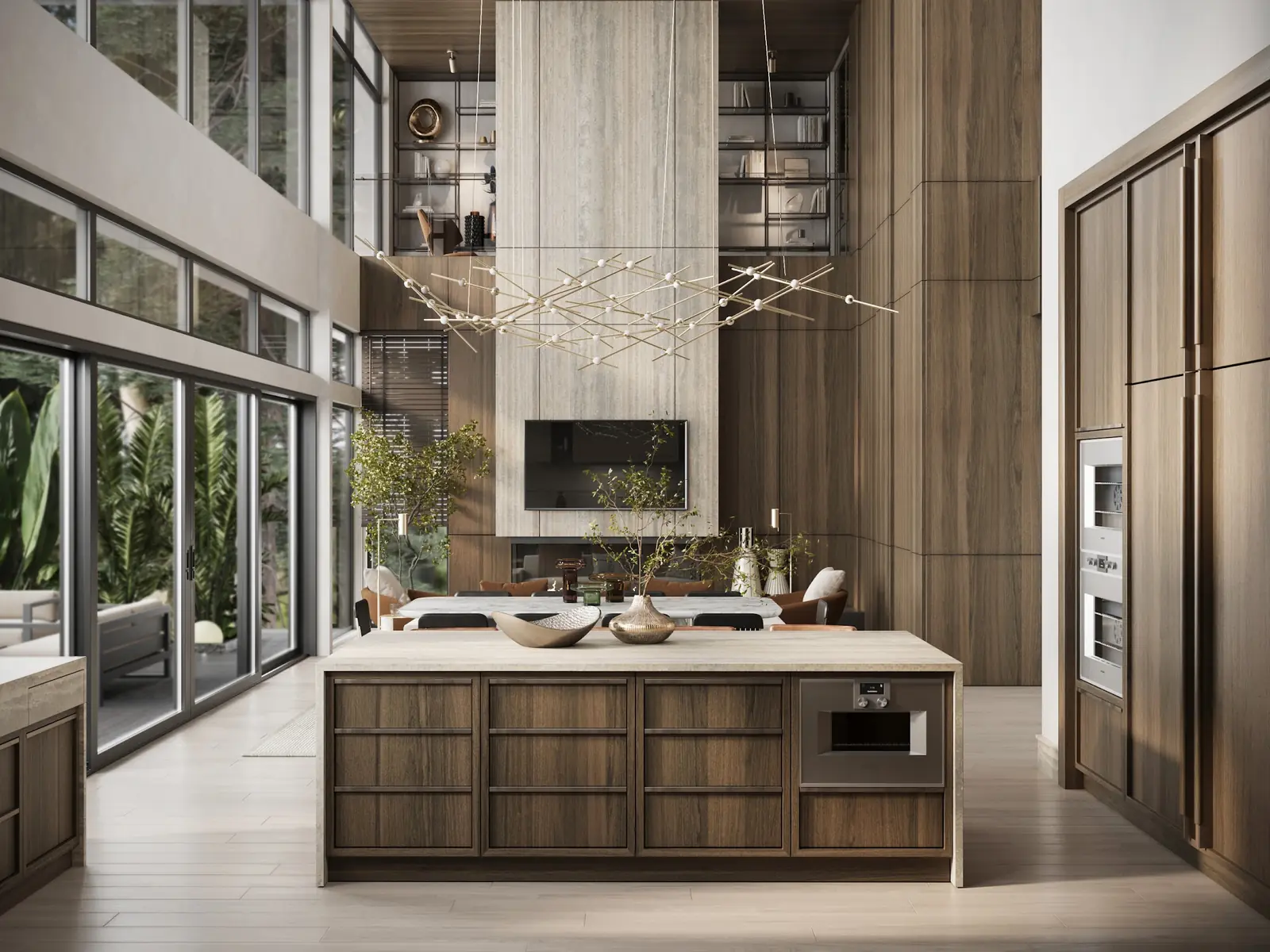 Design study of a modern custom home kitchen and living space with a large island