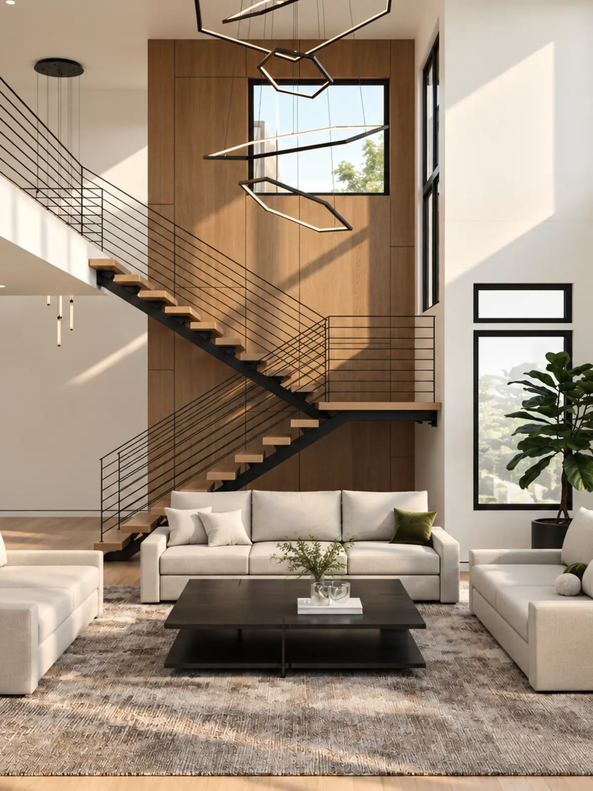 Design study of a double-height modern living room with a floating wood staircase