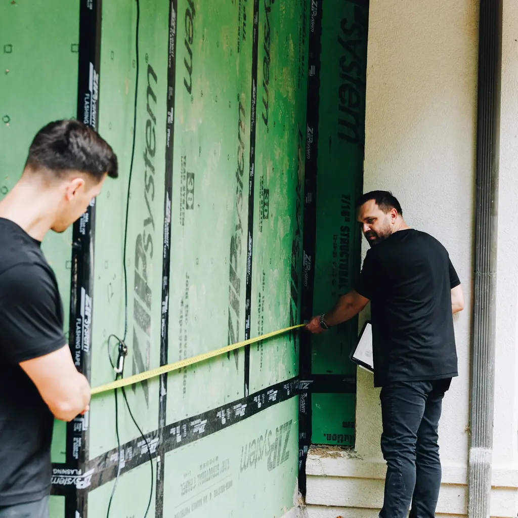 Builders measuring structural sheathing on a Marcello Homes custom home under construction