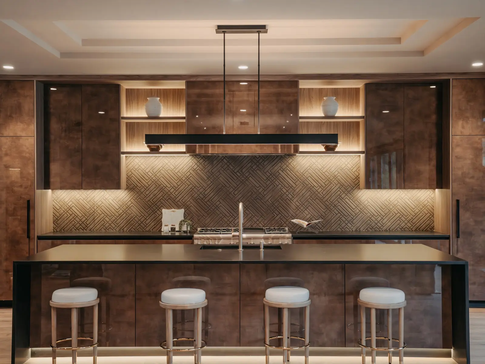 Walnut kitchen with a large island and bar stools in a modern custom home
